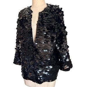 Vintage Saks Fifth Cardigan Zip Sweater Black Wool Sequins Paillette 50s 60s
